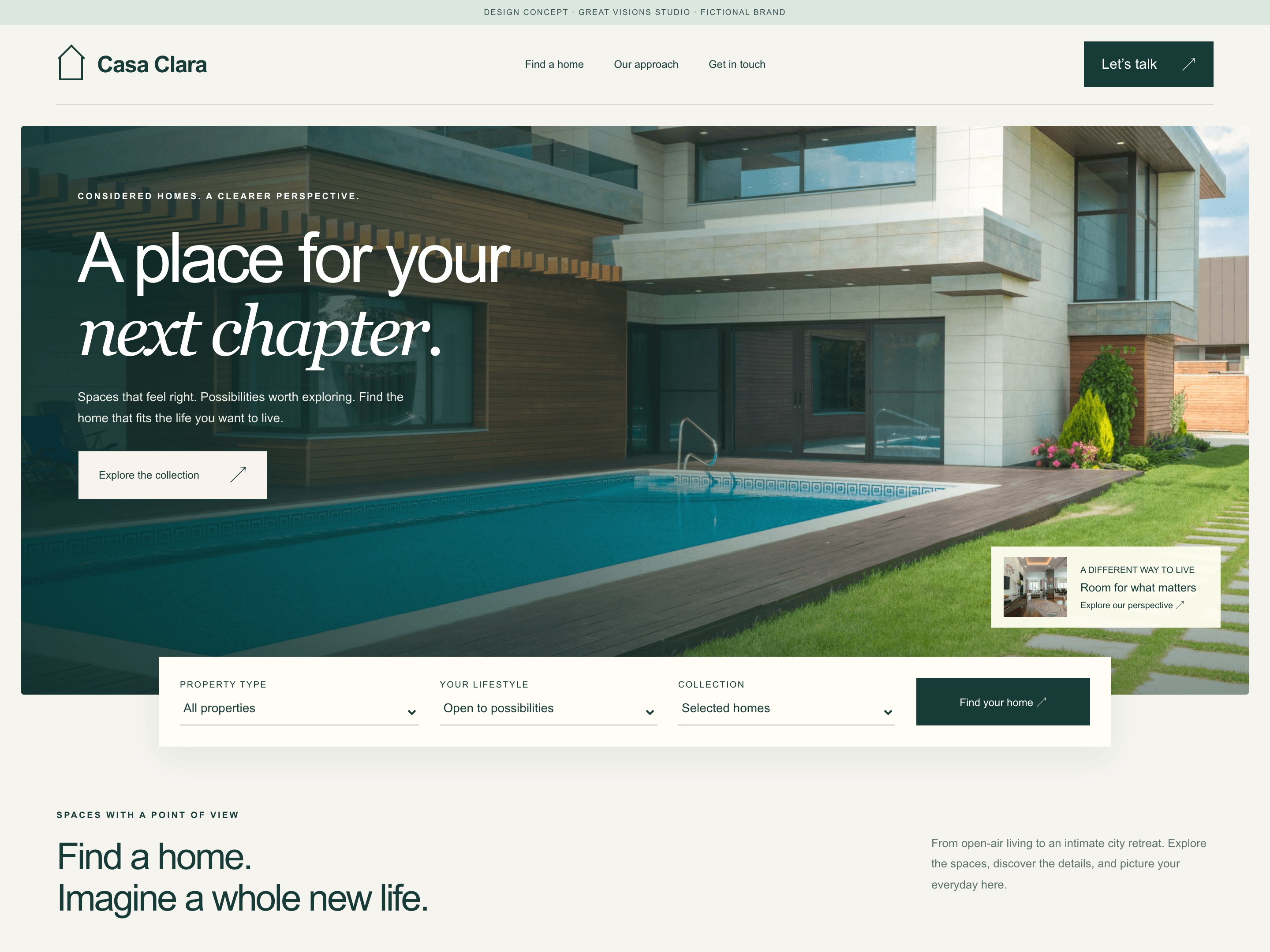 Desktop and mobile previews of the Casa Clara real estate website concept