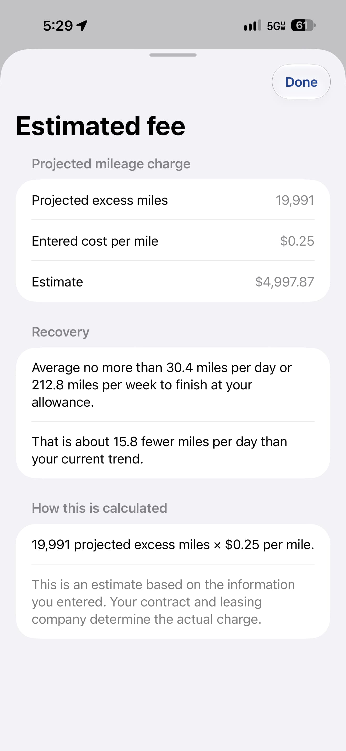 LeasePace fee estimate showing projected excess miles, the entered per-mile cost, recovery guidance, and how the estimate is calculated.