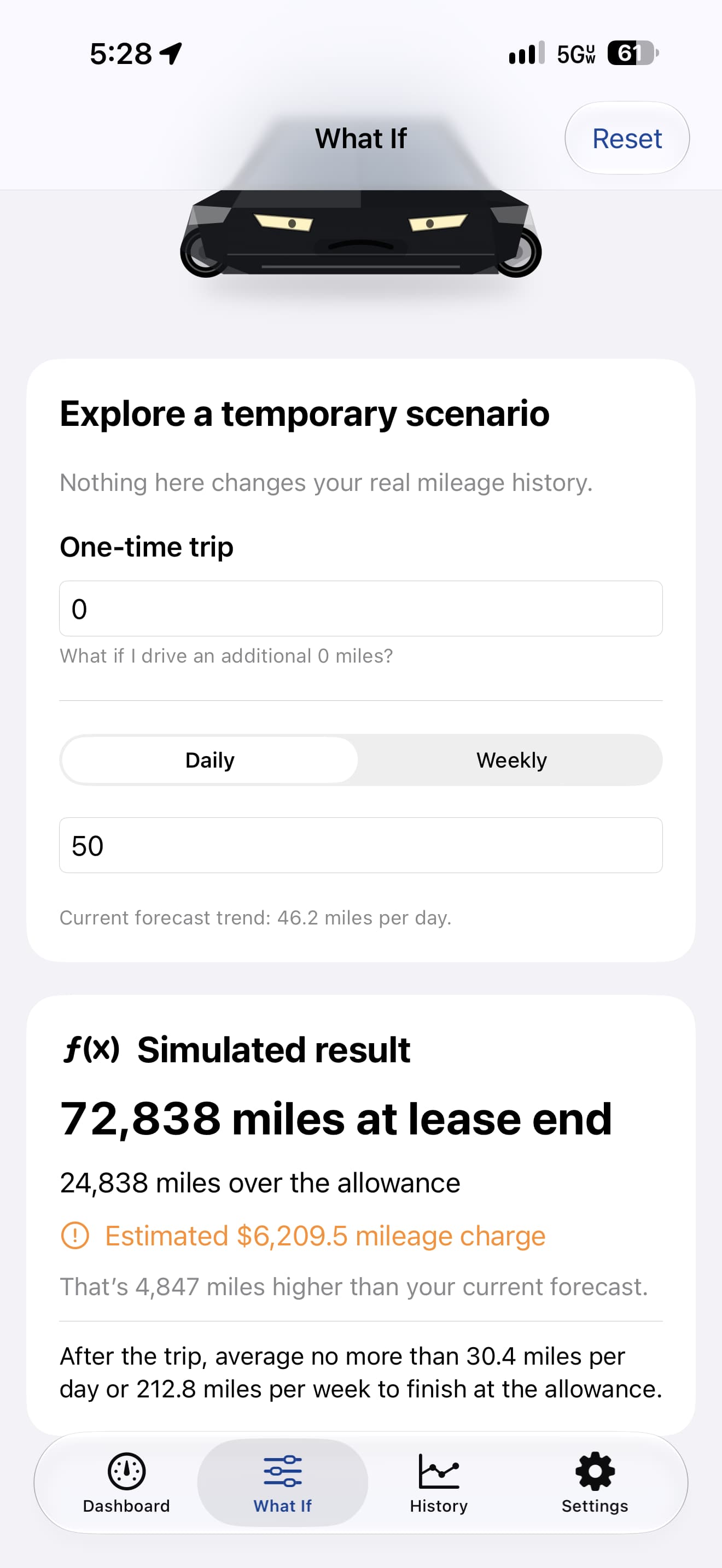 LeasePace What If screen with a one-time trip input, daily or weekly driving, and a simulated lease-end result.