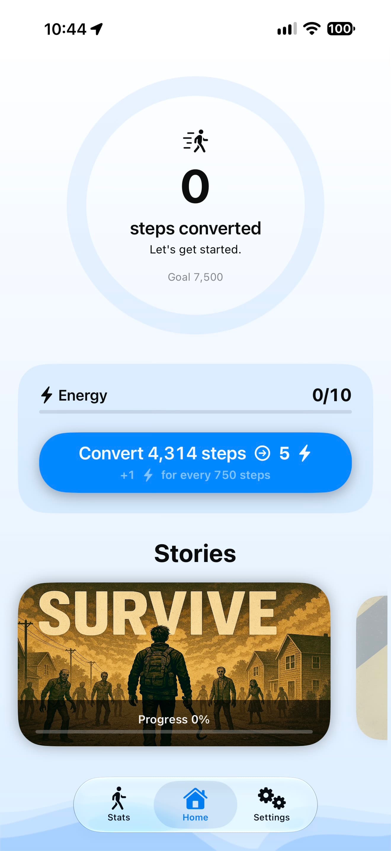 Step By Step dashboard offering to convert 4,314 real-world steps into five story energy.