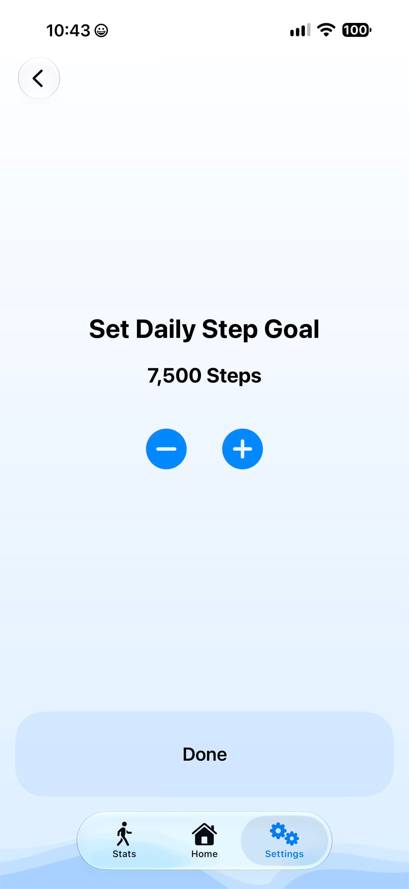 Step By Step setting for adjusting the daily step goal, currently set to 7,500 steps.