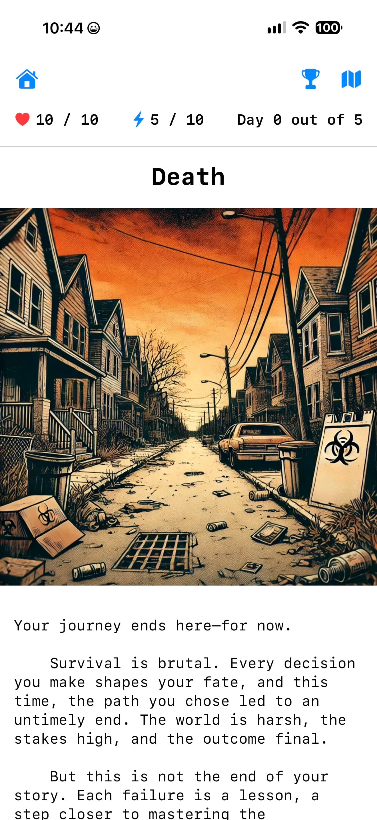 A failed Survive path inside Step By Step, showing a deserted neighborhood and the beginning of a replay message.