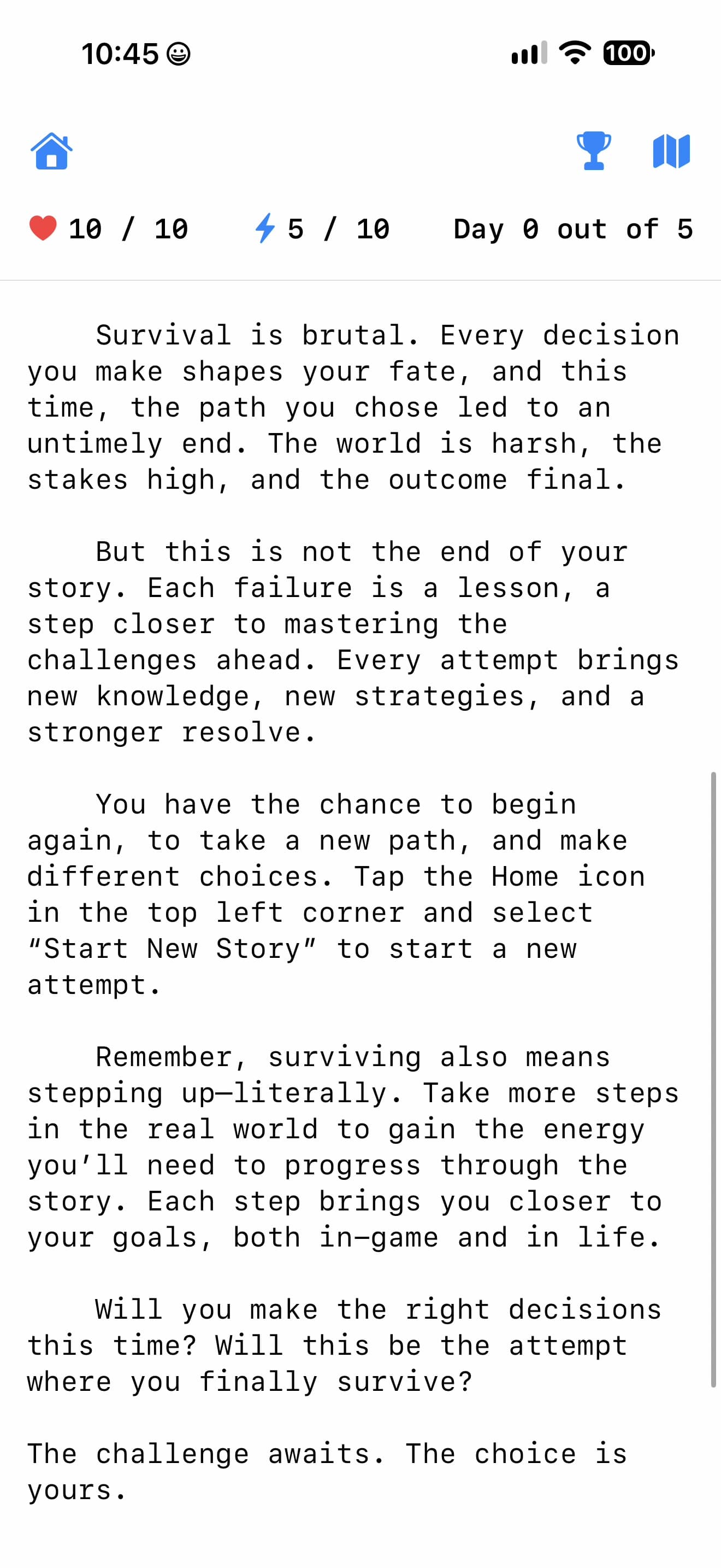Step By Step replay message inviting the player to walk, regain energy, and choose a different story path.