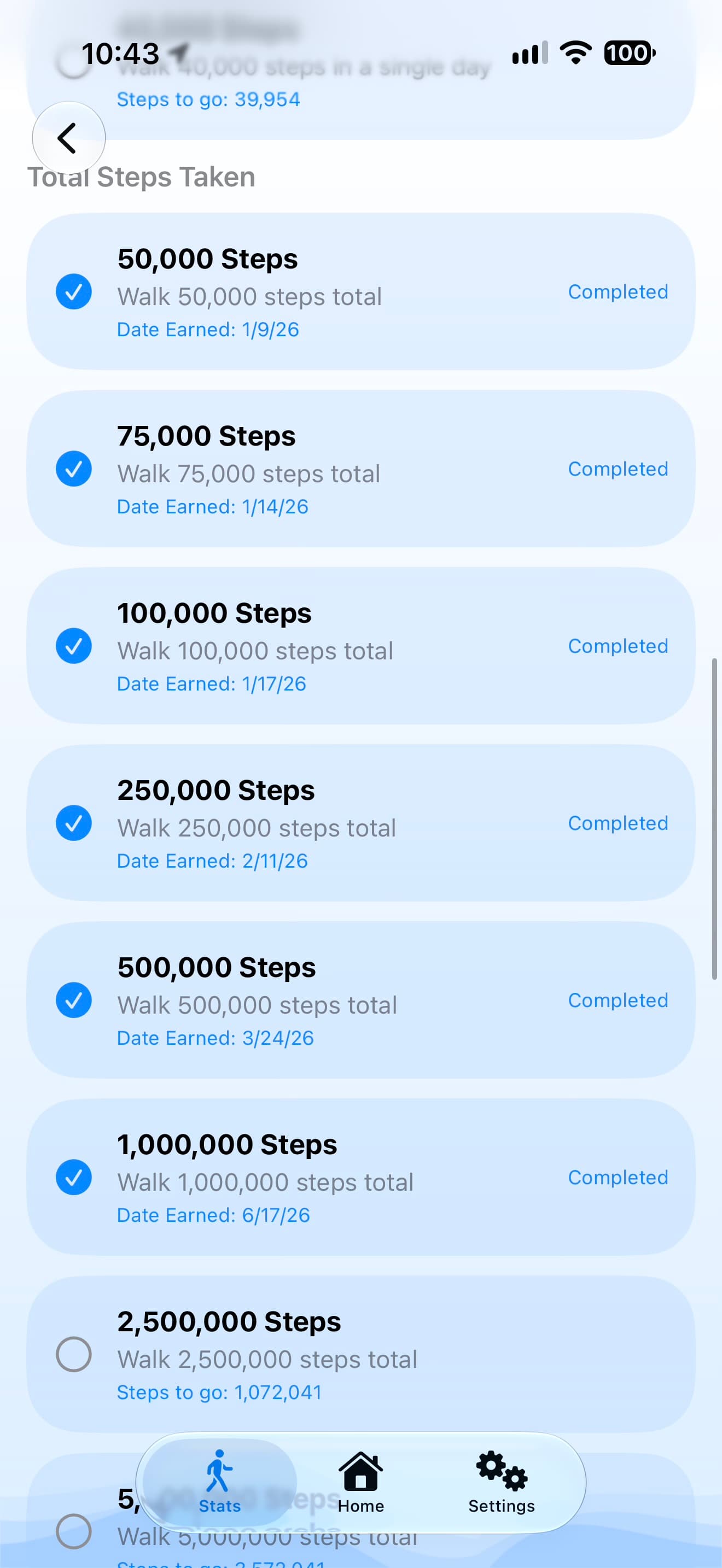Step By Step milestone list with completed achievements from 50,000 through one million total steps.