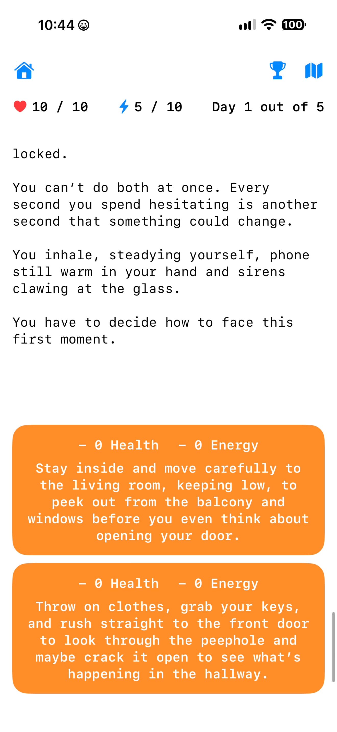 A Survive decision inside Step By Step with two choices and their health and energy costs.