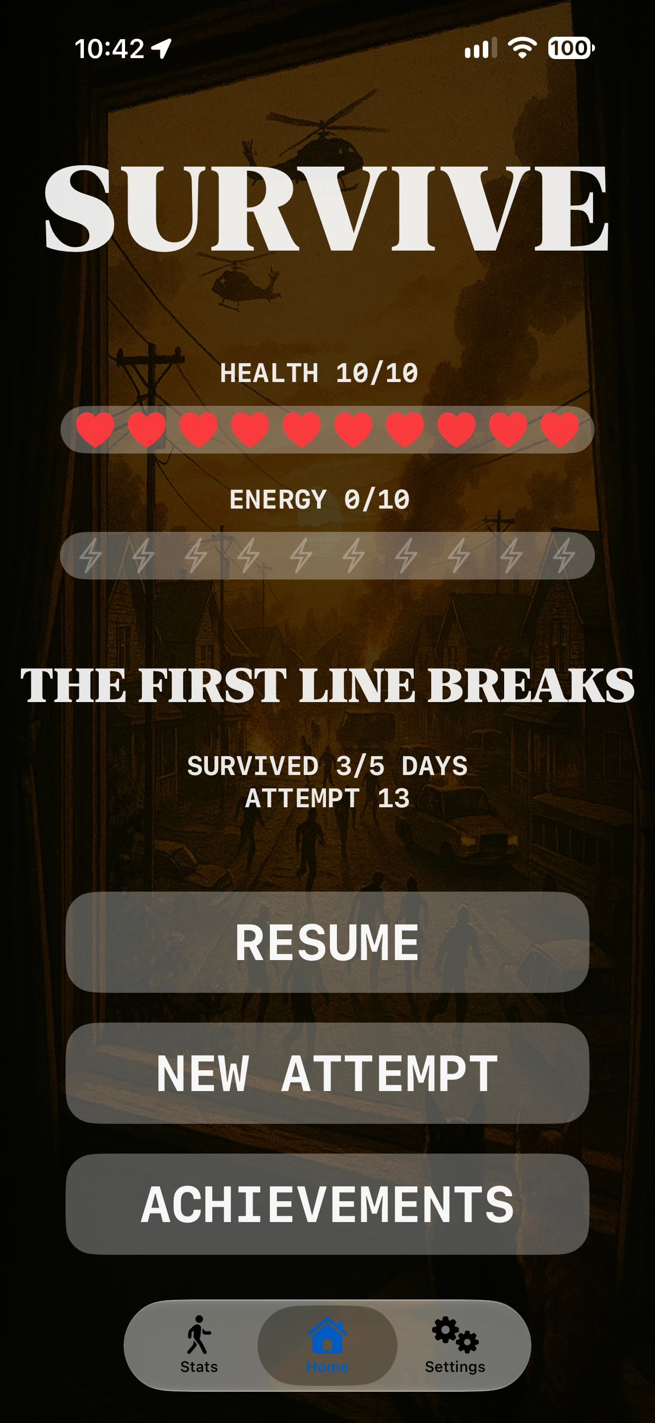 Survive story menu inside Step By Step showing health, energy, day progress, attempts, and achievements.