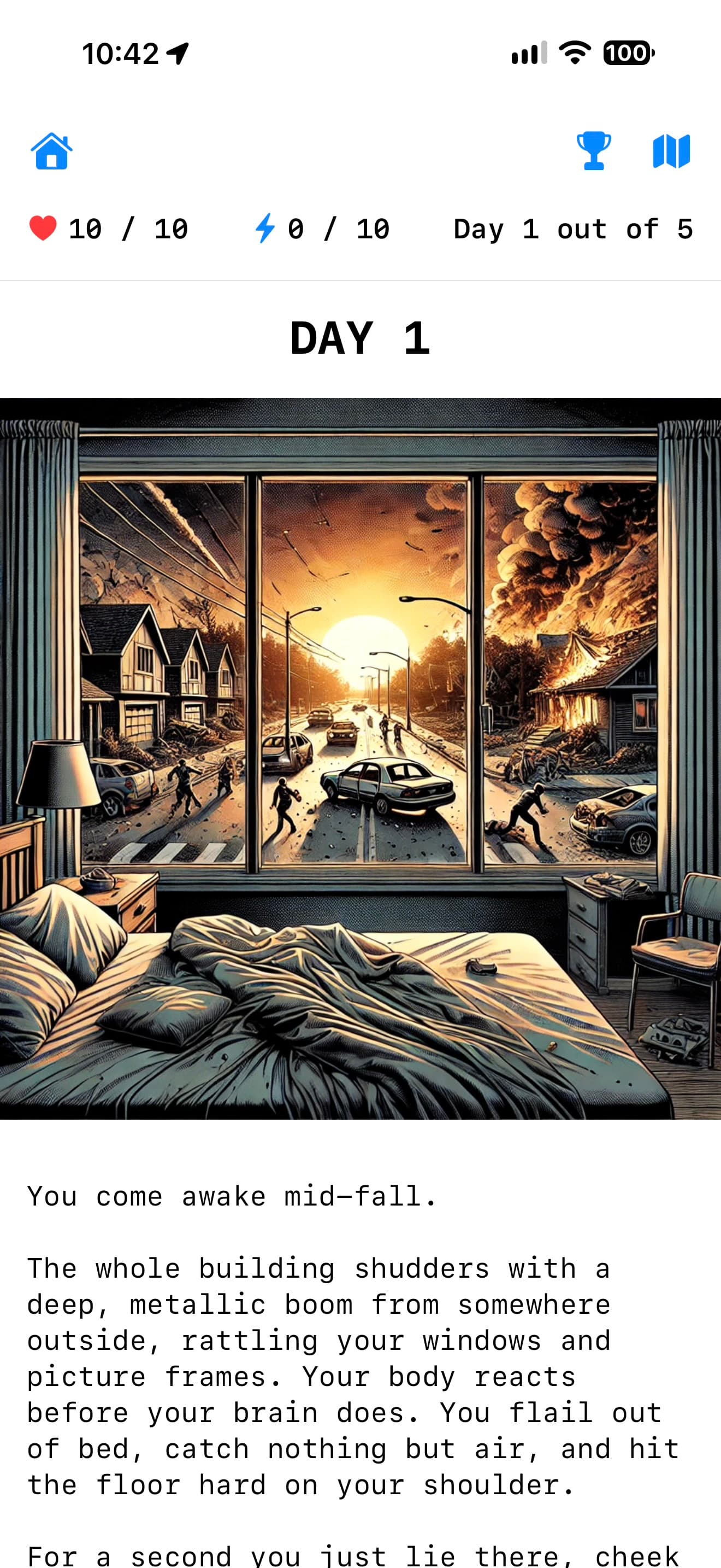 Day one of Survive inside Step By Step, with a bedroom scene and the opening narrative.