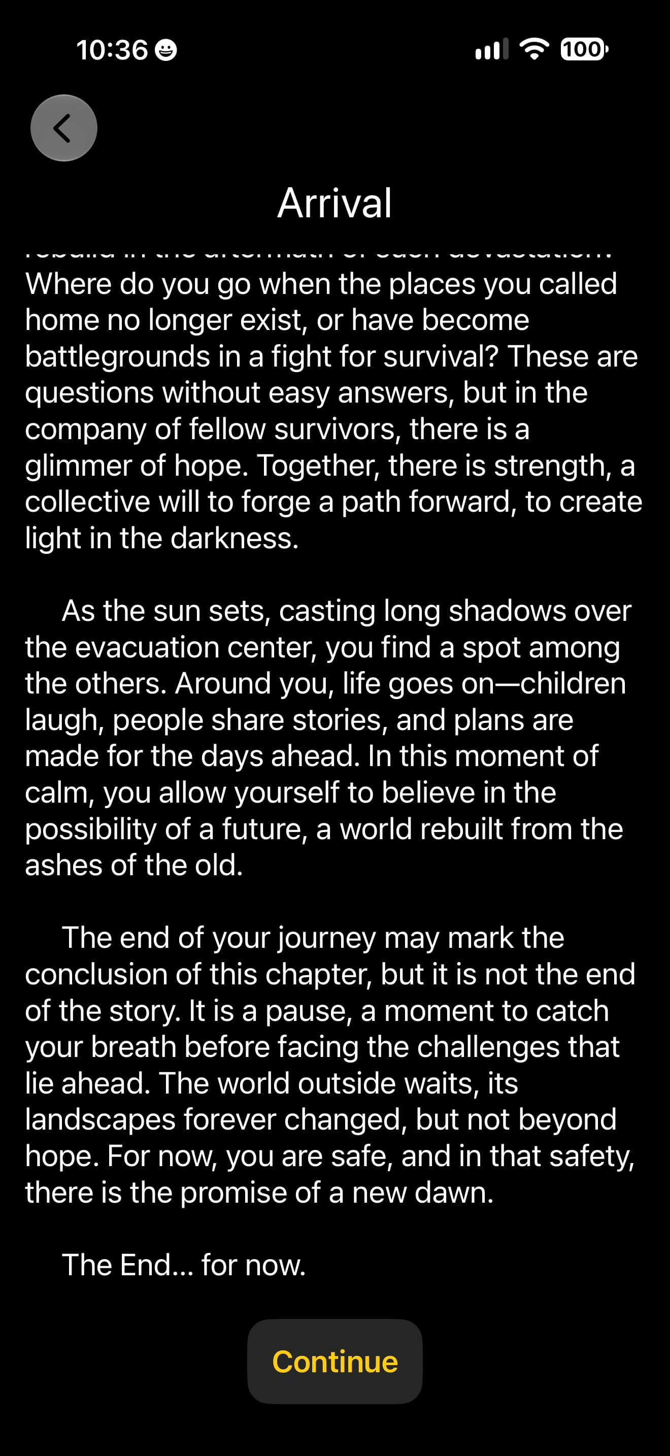Arrival chapter in Survive, marking the end of one journey and the possibility of what comes next.