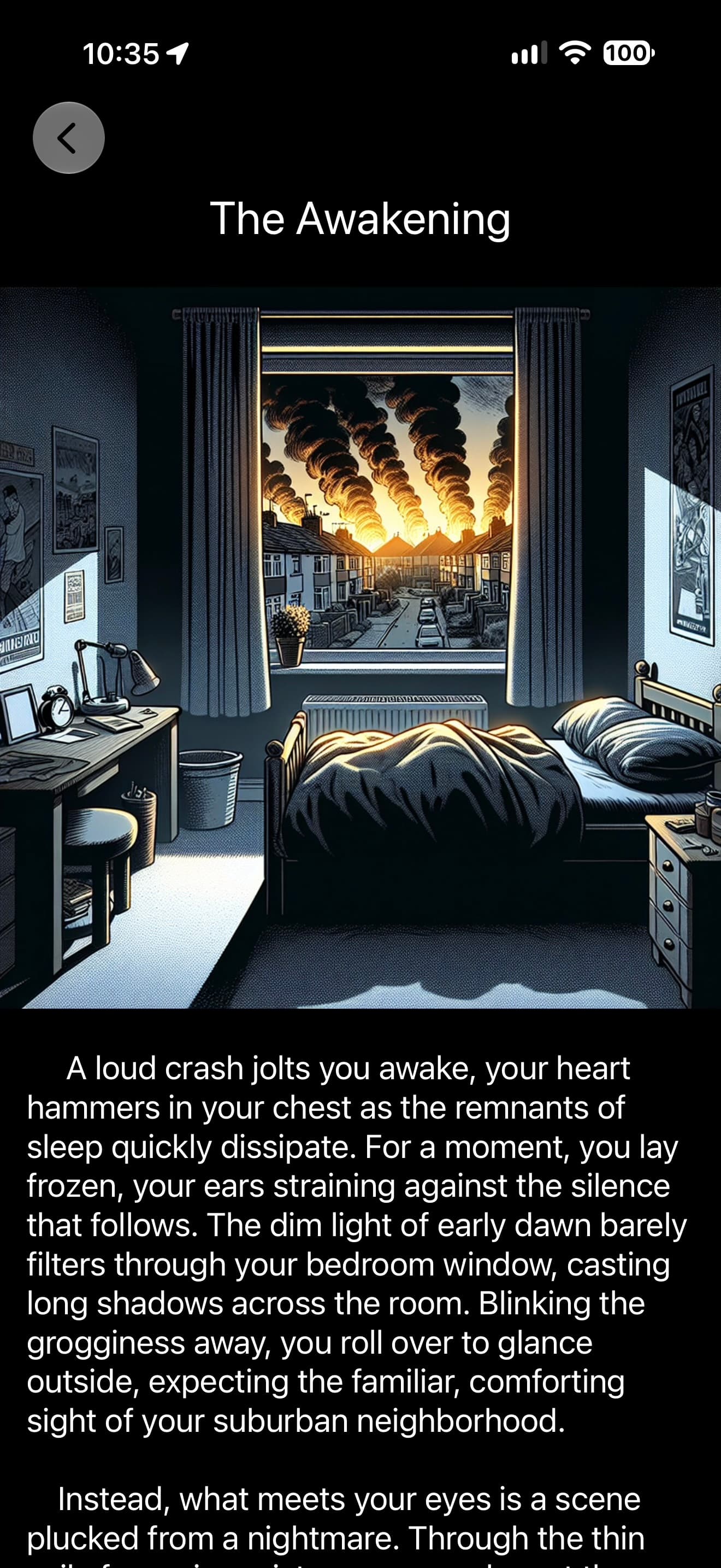 The Awakening chapter in Survive, showing smoke rising beyond a bedroom window as the story begins.