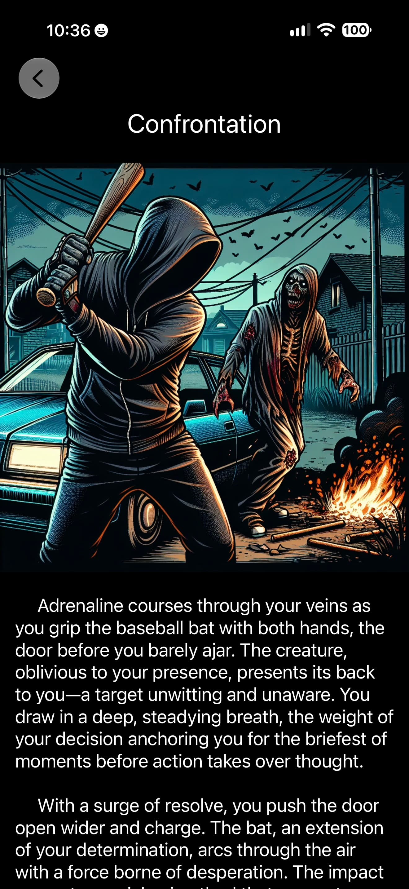 Confrontation branch in Survive, showing the player facing an approaching zombie with a baseball bat.
