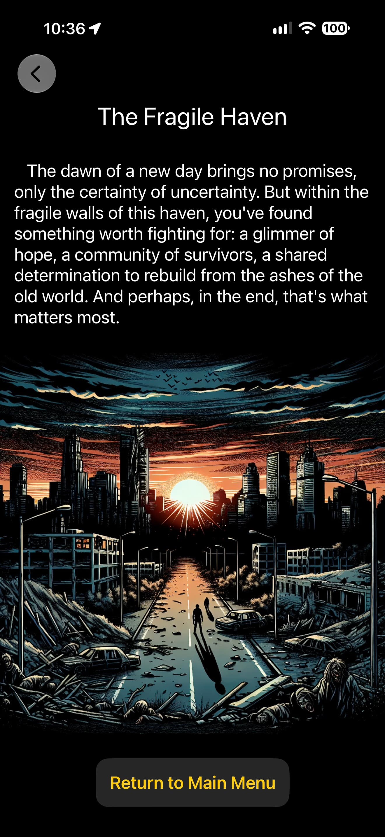 The Fragile Haven ending in Survive, showing survivors walking toward a ruined city at sunrise.
