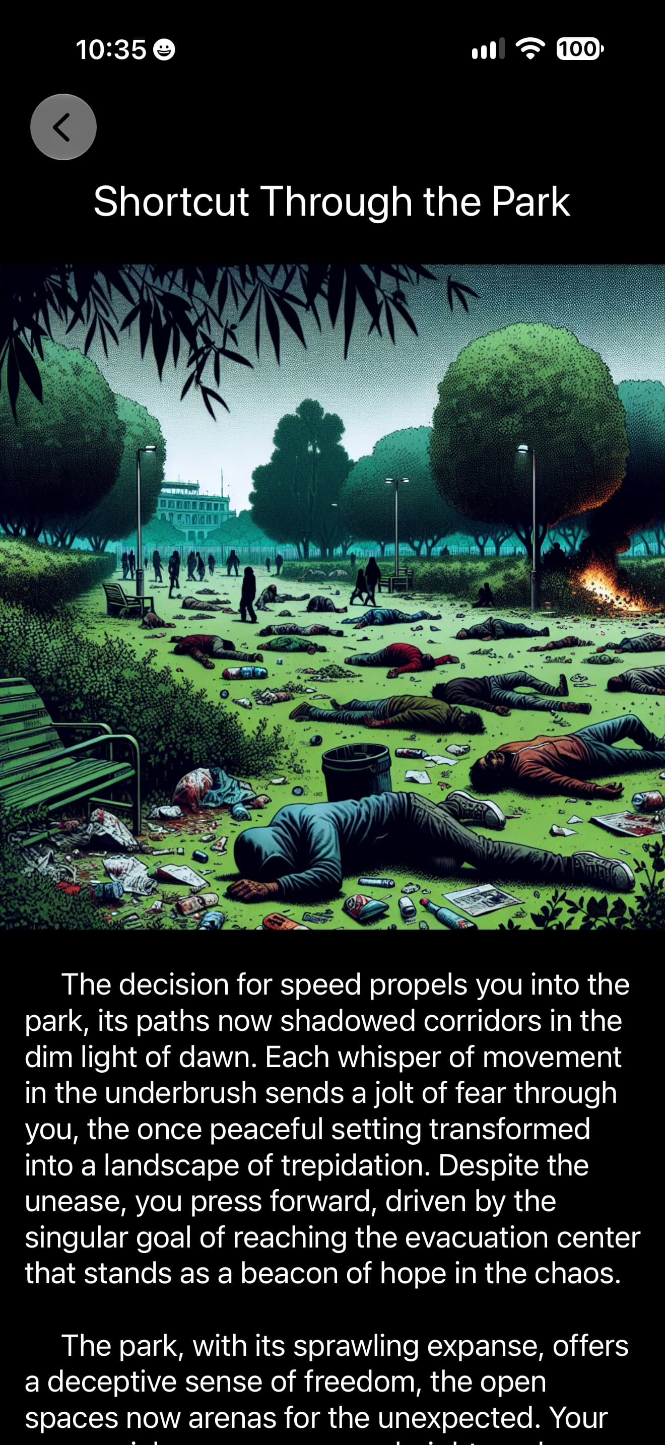 Shortcut Through the Park branch in Survive, showing the consequences of choosing speed.