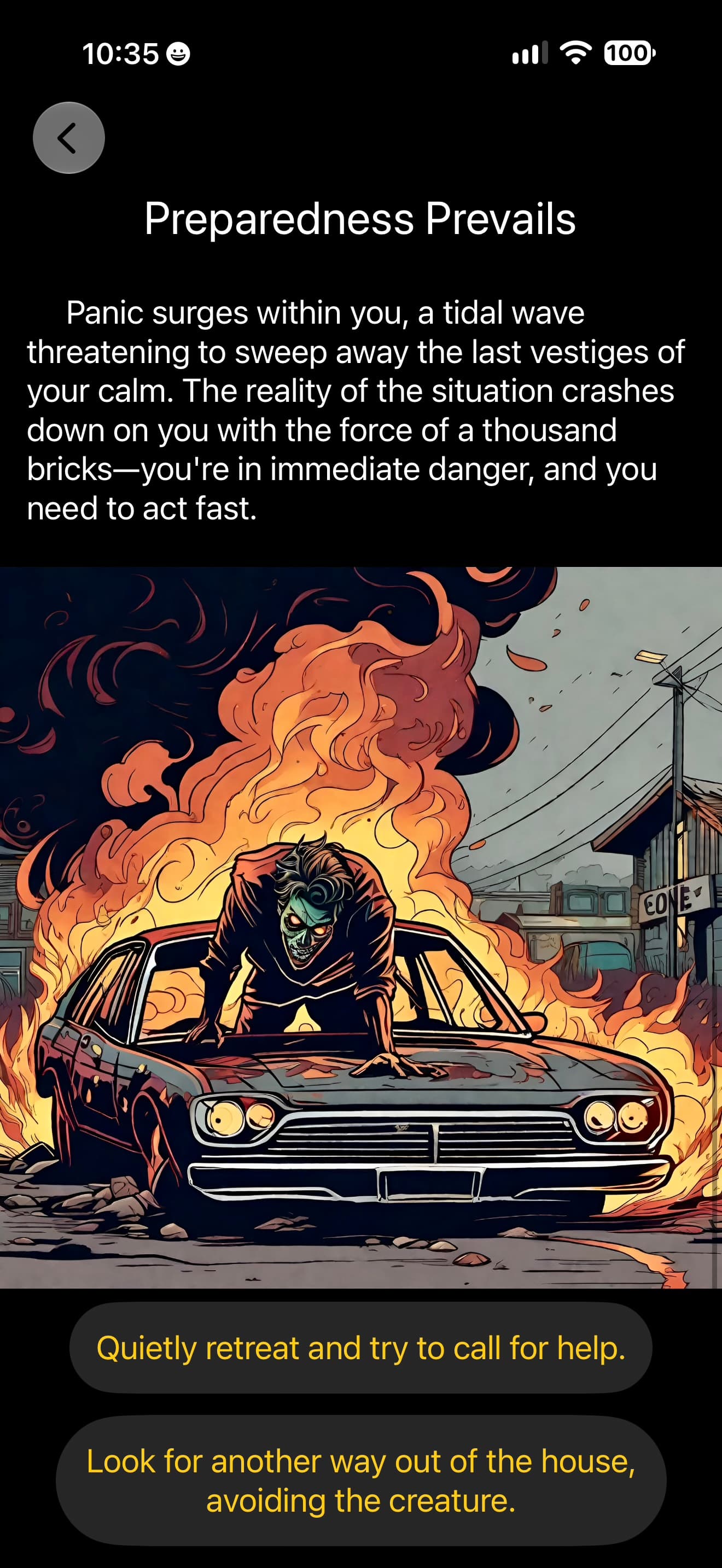 Preparedness Prevails branch in Survive, with a burning car scene and two escape choices.