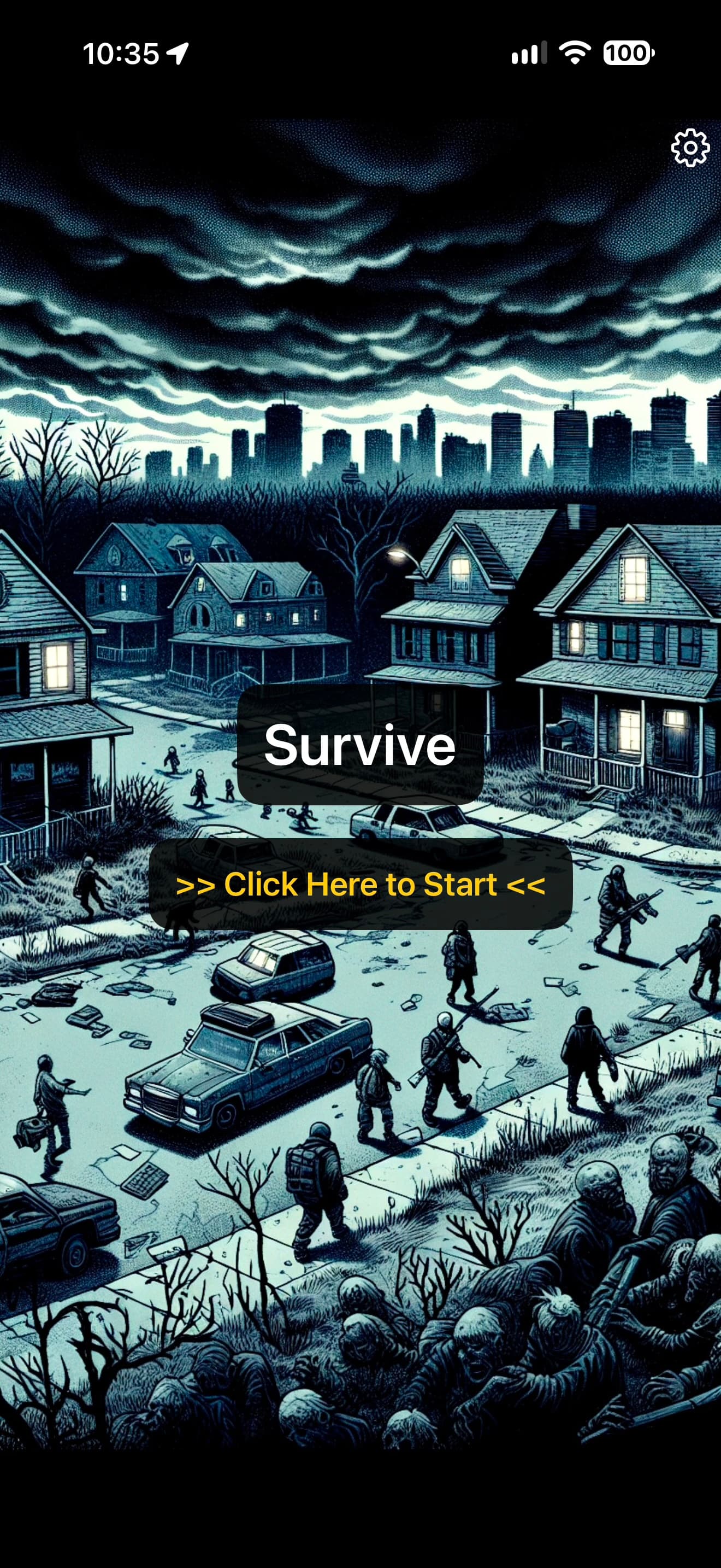 Original Survive title screen showing a neighborhood surrounded by approaching zombies.