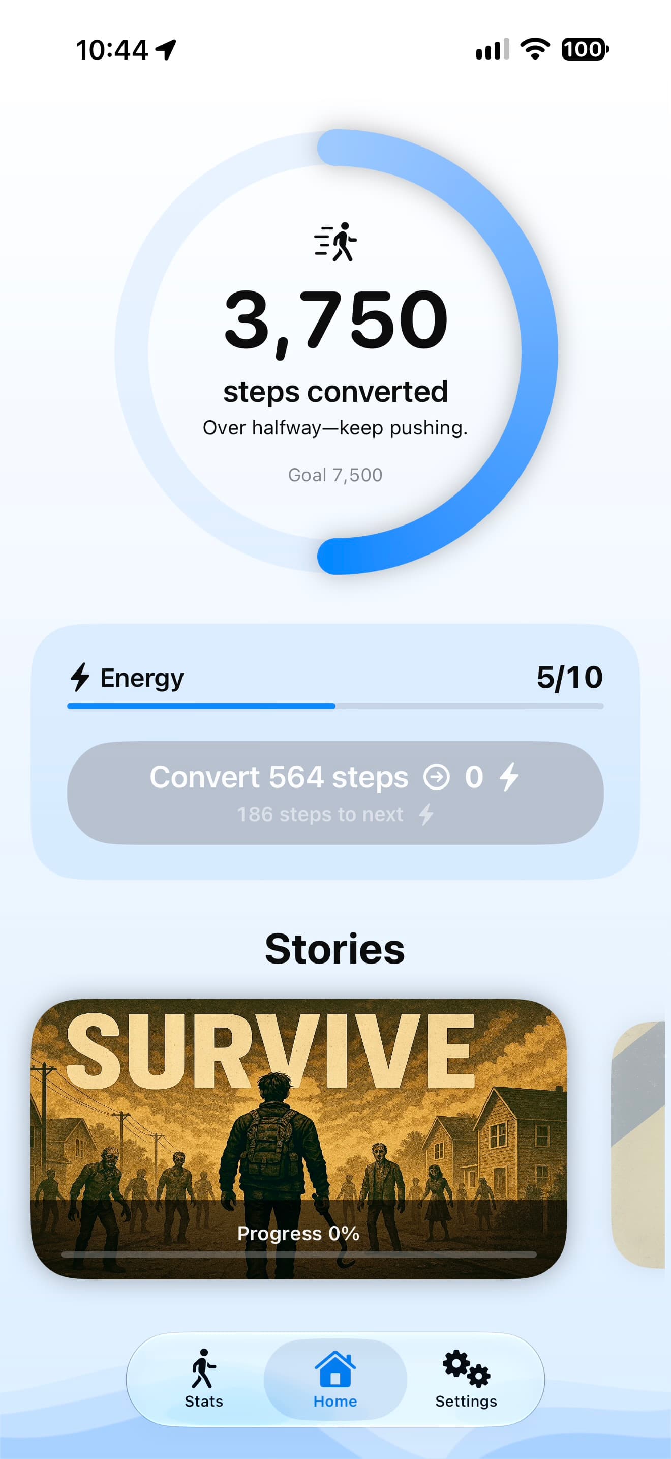 Step By Step dashboard showing 3,750 converted steps, five energy, and the Survive story.