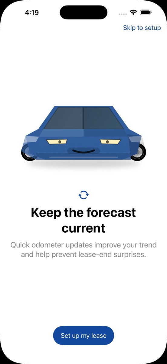 LeasePace onboarding screen with a blue car and a message about predicting lease mileage