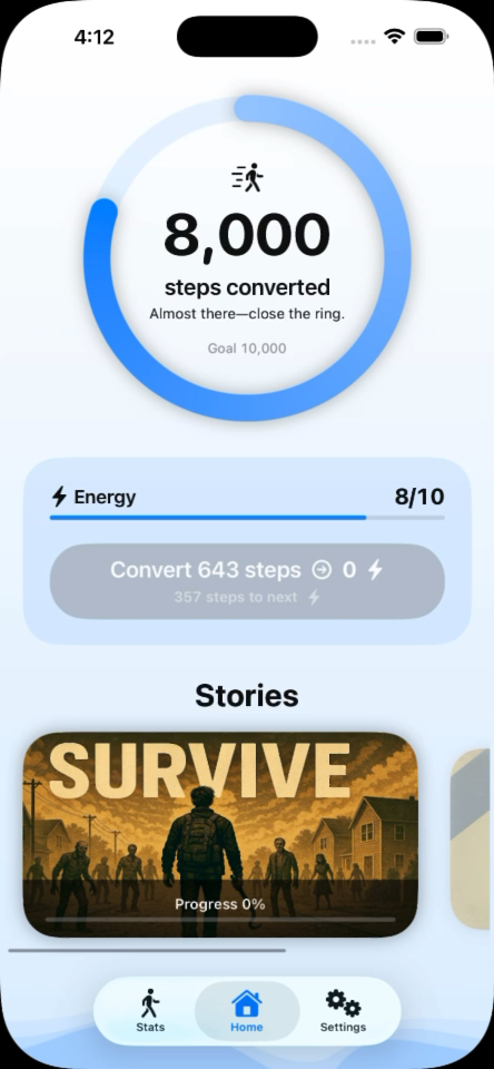 Step By Step dashboard showing converted steps, available energy, and the Survive story
